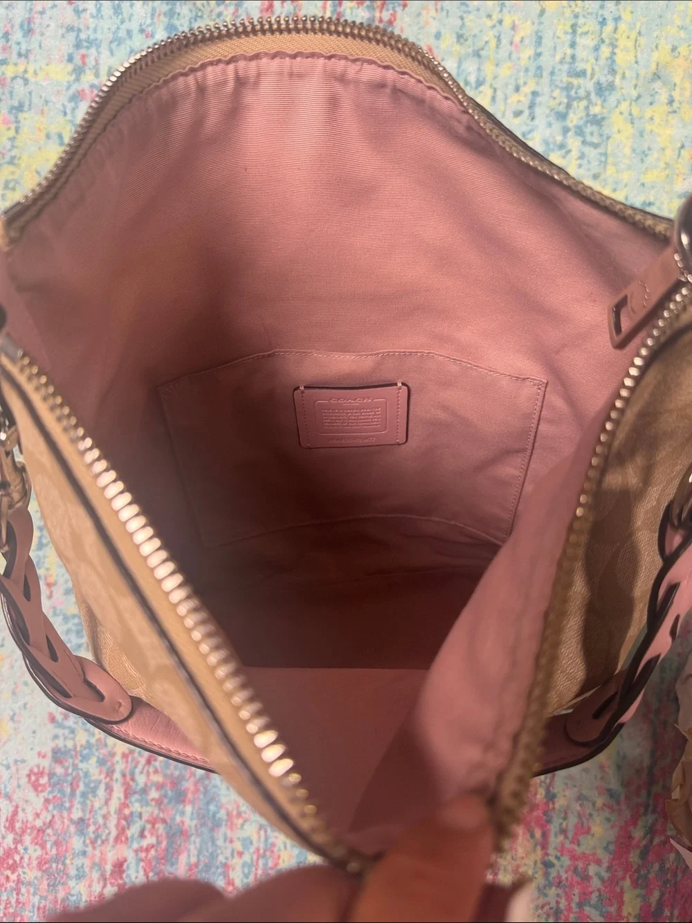 Coach Beige Signature Hobo with Pink Braided Strap